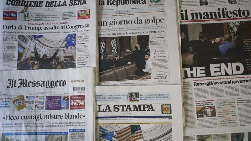 Italian papers show the chaotic scenes from Washington, with one headline declaring "The End." Others proclaim, "Gunshots on Democracy" and "USA – Day of the Coup." World leaders are reacting with shock and dismay to the assault on the Capitol. Italian papers show the chaotic scenes from Washington, with one headline declaring "The End." Others proclaim, "Gunshots on Democracy" and "USA – Day of the Coup." World leaders are reacting with shock and dismay to the assault on the Capitol.