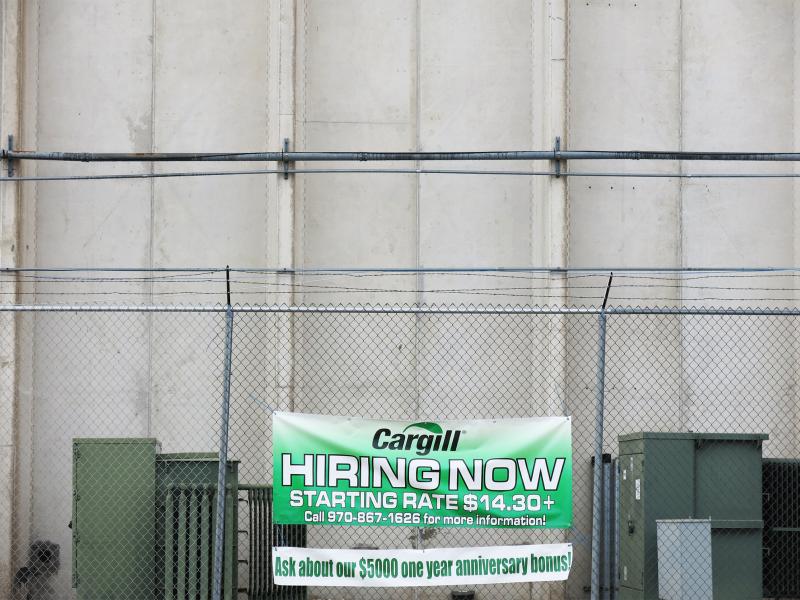 The Cargill beef processing plant in Fort Morgan, Colo., advertises openings in early January. Some 150 Muslim workers were fired in late 2015 after a dispute over prayer breaks at the plant. The Cargill beef processing plant in Fort Morgan, Colo., advertises openings in early January. Some 150 Muslim workers were fired in late 2015 after a dispute over prayer breaks at the plant.