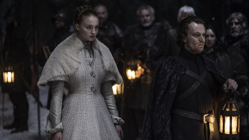 Sansa Stark (Sophie Turner) and Theon Greyjoy (Alfie Allen) on Game of Thrones. Sansa Stark (Sophie Turner) and Theon Greyjoy (Alfie Allen) on Game of Thrones.