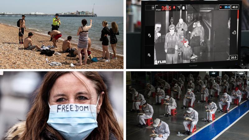 Top left: An officer asks people to observe lockdown rules in Brighton, England. Bottom left: A protester at a lockdown demonstration in Brussels, Belgium last month. Top right: Malaysian health officers screen passengers with a thermal scanner at Kuala L Top left: An officer asks people to observe lockdown rules in Brighton, England. Bottom left: A protester at a lockdown demonstration in Brussels, Belgium last month. Top right: Malaysian health officers screen passengers with a thermal scanner at Kuala L