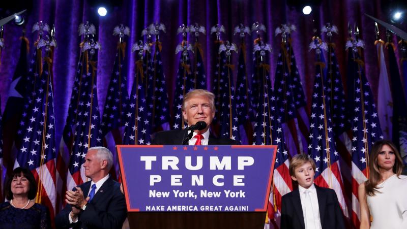 Republican president-elect Donald Trump delivers his acceptance speech during his election night event in New York City. Republican president-elect Donald Trump delivers his acceptance speech during his election night event in New York City.
