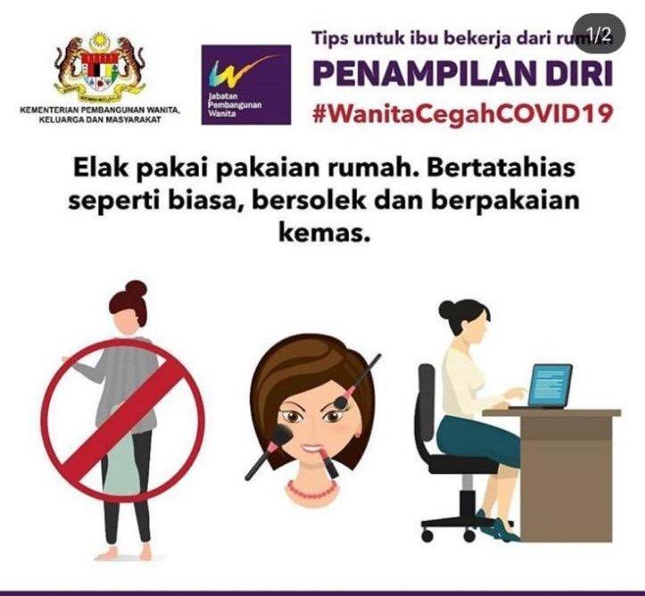 In this online poster, now removed, Malaysia's Ministry for Women, Family and Community Development advised women working at home to wear makeup and office clothes so as not to offend their husbands. In this online poster, now removed, Malaysia's Ministry for Women, Family and Community Development advised women working at home to wear makeup and office clothes so as not to offend their husbands.