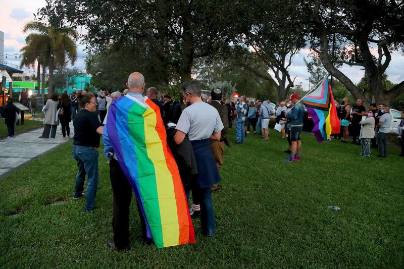 Opponents gather for a Safe Schools South Florida & Friends rally to push back against the so-called Don't Say Gay bill at the Pride Center in Wilton Manors, Fla., on Feb. 2. Opponents gather for a Safe Schools South Florida & Friends rally to push back against the so-called Don't Say Gay bill at the Pride Center in Wilton Manors, Fla., on Feb. 2.