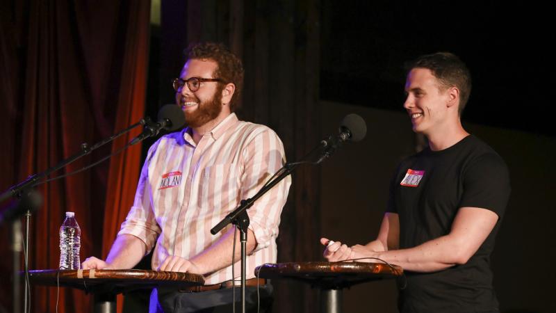 Contestants Nolan Boggess and Alex Smailes appear on Ask Me Another at the Bell House in Brooklyn, New York. Contestants Nolan Boggess and Alex Smailes appear on Ask Me Another at the Bell House in Brooklyn, New York.