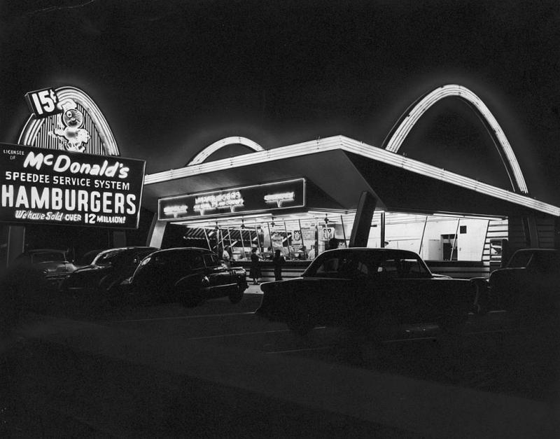 A view of a McDonald's fast-food restaurant in Des Plaines, Ill., circa 1955. A new book explores the complicated bond between Americans and fast food. A view of a McDonald's fast-food restaurant in Des Plaines, Ill., circa 1955. A new book explores the complicated bond between Americans and fast food.