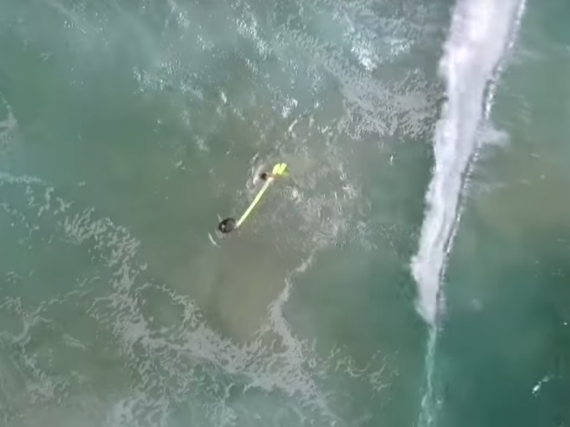 An unmanned aircraft piloted by a lifeguard dropped a yellow floating tube to two distressed swimmers off Australia's Far North Coast in New South Wales. An unmanned aircraft piloted by a lifeguard dropped a yellow floating tube to two distressed swimmers off Australia's Far North Coast in New South Wales.