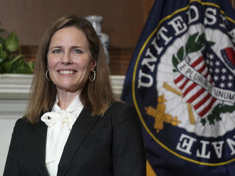 Judge Amy Coney Barrett, President Trump's nominee for the U.S. Supreme Court, meets with legislators last week on Capitol Hill. Judge Amy Coney Barrett, President Trump's nominee for the U.S. Supreme Court, meets with legislators last week on Capitol Hill.