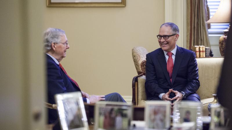Senate Majority Leader Mitch McConnell, R-Ky., meets Jan. 6 with Environmental Protection Agency Administrator-designate Scott Pruitt (right) on Capitol Hill. Pruitt's confirmation hearing is scheduled for 10 a.m. ET on Wednesday. Senate Majority Leader Mitch McConnell, R-Ky., meets Jan. 6 with Environmental Protection Agency Administrator-designate Scott Pruitt (right) on Capitol Hill. Pruitt's confirmation hearing is scheduled for 10 a.m. ET on Wednesday.