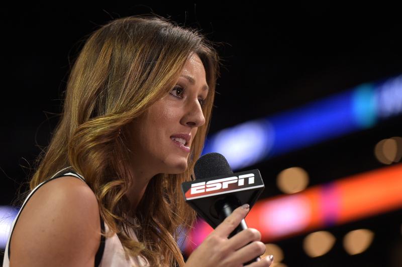 ESPN reporter Allison Williams reports from a college basketball tournament at Barclays Center in Brooklyn, N.Y., on March 8, 2017. Williams said in a recent Instagram video that she is leaving ESPN due to the company's vaccine mandate. ESPN reporter Allison Williams reports from a college basketball tournament at Barclays Center in Brooklyn, N.Y., on March 8, 2017. Williams said in a recent Instagram video that she is leaving ESPN due to the company's vaccine mandate.