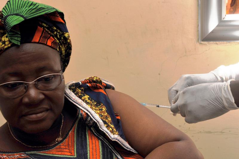 A woman receives the rVSV-ZEBOV Ebola vaccine at a clinical trial in Conakry, Guinea. The vaccine appears effective after only one shot. A woman receives the rVSV-ZEBOV Ebola vaccine at a clinical trial in Conakry, Guinea. The vaccine appears effective after only one shot.