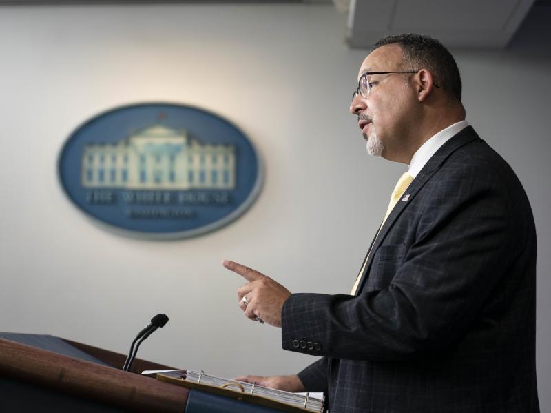 Miguel Cardona, U.S. secretary of education, speaks during a news conference at the White House on Thursday, Aug. 5, 2021. Miguel Cardona, U.S. secretary of education, speaks during a news conference at the White House on Thursday, Aug. 5, 2021.