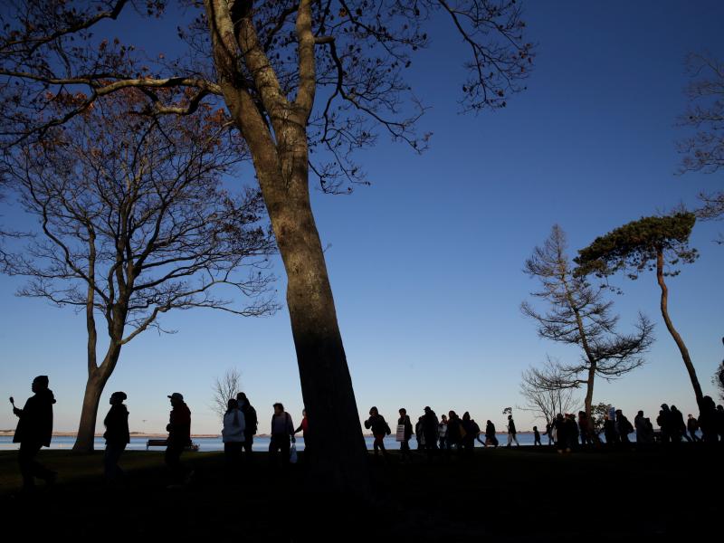 Marchers perform a Stomp Dance in Pilgrim Memorial State Park during the 48th National Day of Mourning in Plymouth, Mass., on Nov 23, 2017. Since 1970, Indigenous people have gathered at noon on Cole's Hill in Plymouth to commemorate a National Day of Mou Marchers perform a Stomp Dance in Pilgrim Memorial State Park during the 48th National Day of Mourning in Plymouth, Mass., on Nov 23, 2017. Since 1970, Indigenous people have gathered at noon on Cole's Hill in Plymouth to commemorate a National Day of Mou
