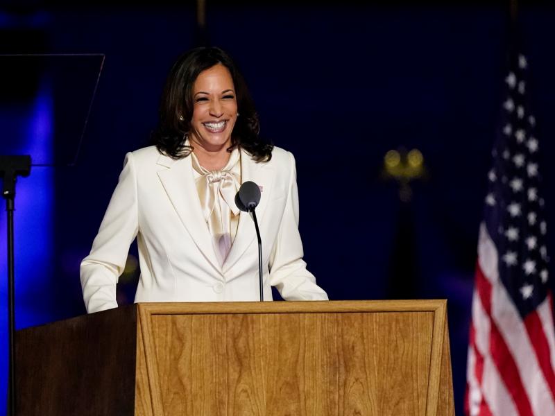 Vice President-elect Kamala Harris speaks on Nov. 7 in Wilmington, Del. Vice President-elect Kamala Harris speaks on Nov. 7 in Wilmington, Del.
