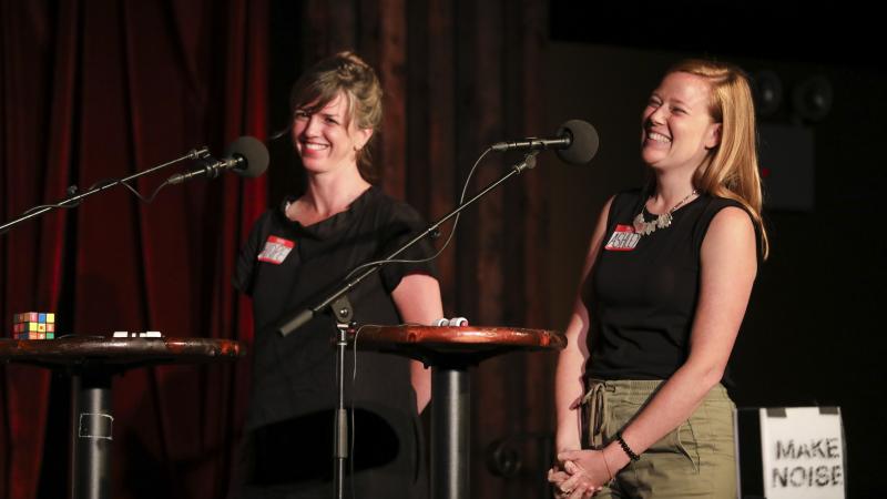 Contestants compete in Ask Me Another's final round at the Bell House in Brooklyn, New York. Contestants compete in Ask Me Another's final round at the Bell House in Brooklyn, New York.