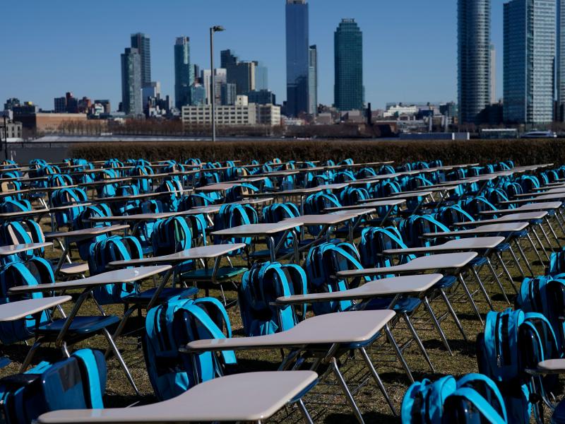 School desks make up an exhibit called "Pandemic Classroom" at the United Nations in New York City. Each of the 168 seats represents 1 million children living in countries where schools have been entirely closed almost a year. School desks make up an exhibit called "Pandemic Classroom" at the United Nations in New York City. Each of the 168 seats represents 1 million children living in countries where schools have been entirely closed almost a year.