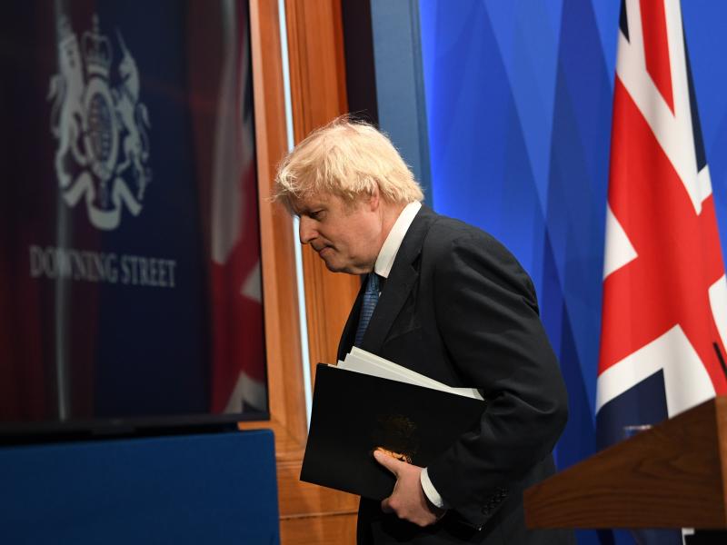 British Prime Minister Boris Johnson following a media briefing on COVID-19 in Downing Street, Monday in London. British Prime Minister Boris Johnson following a media briefing on COVID-19 in Downing Street, Monday in London.