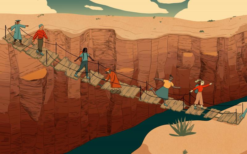 Students and grads cross a rickety bridge. Students and grads cross a rickety bridge.