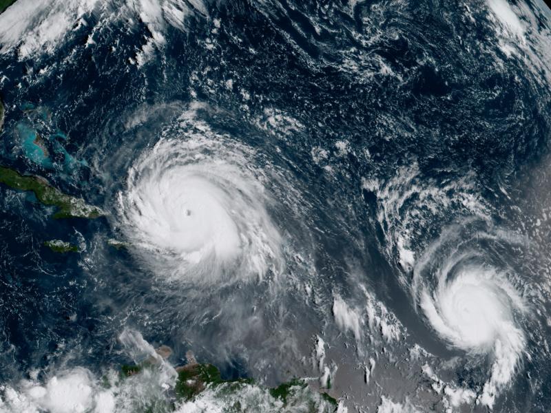 A satellite image from September 2017 shows Hurricane Irma, left, and Hurricane Jose, right, in the Atlantic Ocean. NOAA says the average annual number of tropical storms in the Atlantic has slightly increased. A satellite image from September 2017 shows Hurricane Irma, left, and Hurricane Jose, right, in the Atlantic Ocean. NOAA says the average annual number of tropical storms in the Atlantic has slightly increased.