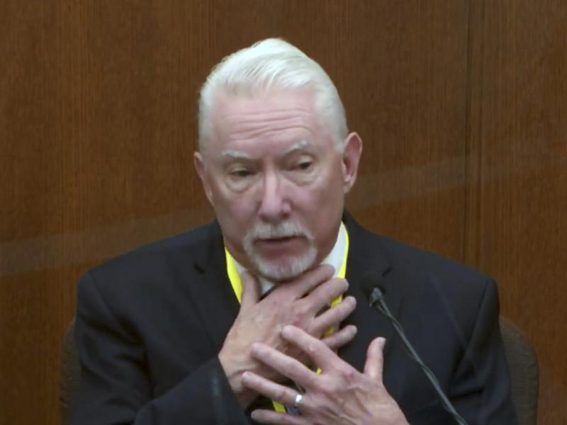 Barry Brodd, a use-of-force expert, testifies Tuesday in former Minneapolis police officer Derek Chauvin's trial. Brodd said the position in which George Floyd was restrained — facedown on the ground — was safest for officers and the suspect. Barry Brodd, a use-of-force expert, testifies Tuesday in former Minneapolis police officer Derek Chauvin's trial. Brodd said the position in which George Floyd was restrained — facedown on the ground — was safest for officers and the suspect.
