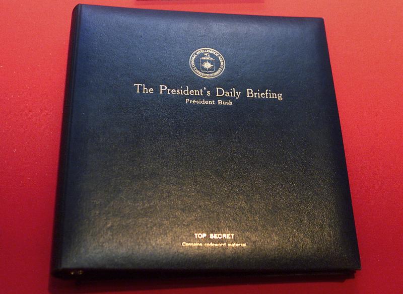 The President's Daily Briefing is the top-secret intelligence report the CIA presents to the president every weekday. The book shown here is for a briefing delivered to President George W. Bush in 2002. The President's Daily Briefing is the top-secret intelligence report the CIA presents to the president every weekday. The book shown here is for a briefing delivered to President George W. Bush in 2002.