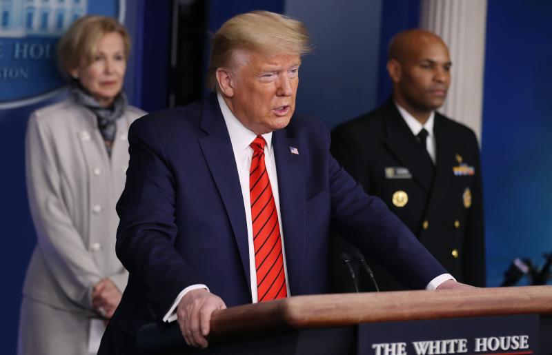 President Trump provides the latest developments of the coronavirus outbreak at the White House on Thursday. He is joined by White House coronavirus response coordinator Deborah Birx and U.S. Surgeon General Jerome Adams. President Trump provides the latest developments of the coronavirus outbreak at the White House on Thursday. He is joined by White House coronavirus response coordinator Deborah Birx and U.S. Surgeon General Jerome Adams.