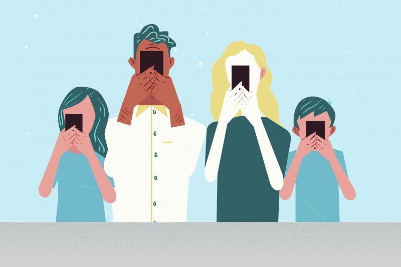 Illustration of young people holding their cell phones up to their face Illustration of young people holding their cell phones up to their face