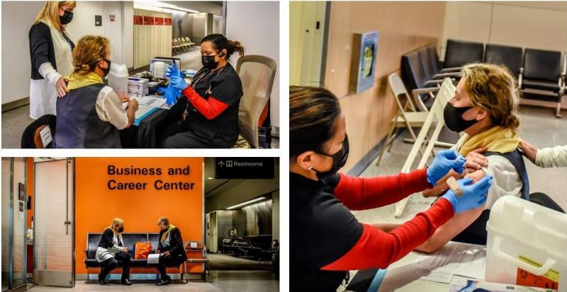 Margaret Applegate (in yellow scarf), a United Airlines customer service agent, is accompanied by Lori Augustine, vice president of United's San Francisco hub, as Applegate gets a COVID-19 vaccine in September ahead of United's mandated deadline. Margaret Applegate (in yellow scarf), a United Airlines customer service agent, is accompanied by Lori Augustine, vice president of United's San Francisco hub, as Applegate gets a COVID-19 vaccine in September ahead of United's mandated deadline.