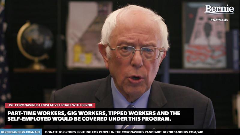 Democratic presidential candidate Bernie Sanders, U.S. senator from Vermont, talks about the coronavirus relief bill on Wednesday in one of several speeches about the crisis streamed on his campaign website. Democratic presidential candidate Bernie Sanders, U.S. senator from Vermont, talks about the coronavirus relief bill on Wednesday in one of several speeches about the crisis streamed on his campaign website.