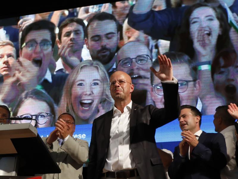 Andreas Kalbitz, an AfD leader in Brandenburg, speaks to supporters after exit poll results in state elections on Sept. 1 in Werder, Germany. Andreas Kalbitz, an AfD leader in Brandenburg, speaks to supporters after exit poll results in state elections on Sept. 1 in Werder, Germany.