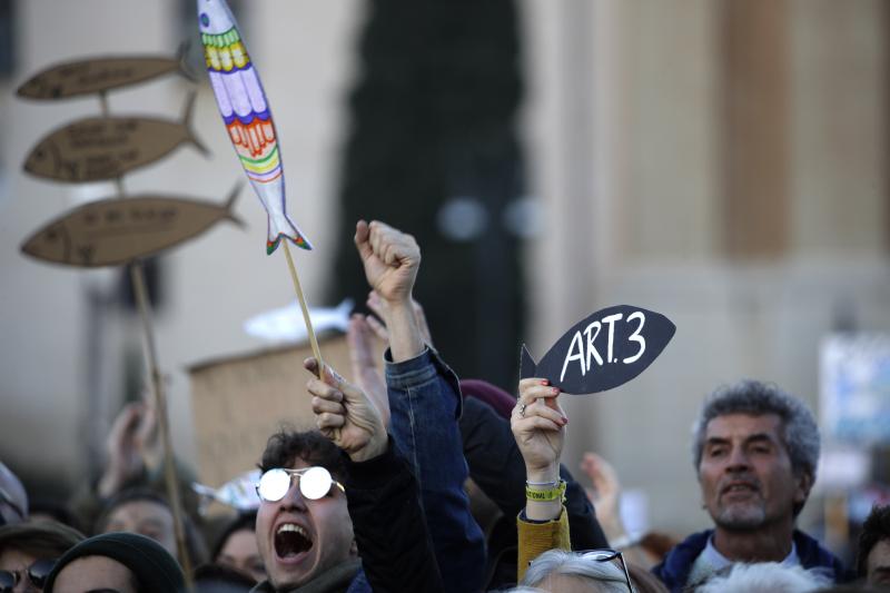 Italians gather in St. John Lateran Square in Rome for a demonstration of the "Sardines," a grassroots movement against right-wing populism, on Saturday. Italians gather in St. John Lateran Square in Rome for a demonstration of the "Sardines," a grassroots movement against right-wing populism, on Saturday.