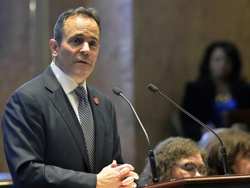 Kentucky Gov. Matt Bevin, a Republican, speaks to state legislators in 2018. Bevin, who is running for re-election this fall, asked the federal government to impose work requirements on many people who receive Medicaid. Bevin's predecessor, a Democrat, di Kentucky Gov. Matt Bevin, a Republican, speaks to state legislators in 2018. Bevin, who is running for re-election this fall, asked the federal government to impose work requirements on many people who receive Medicaid. Bevin's predecessor, a Democrat, di