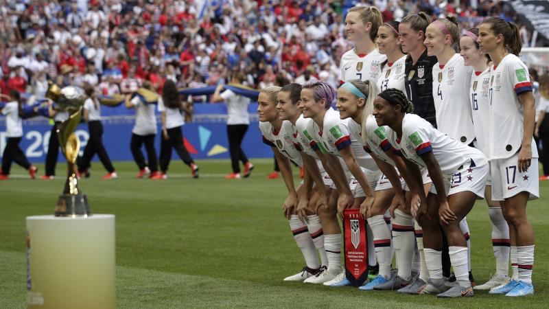 Players line up for a photo prior to the Women's World Cup final between the U.S. and the Netherlands in Décines, outside Lyon, France, on July 7, 2019. The U.S. team won 2-0 for its fourth World Cup title. Players line up for a photo prior to the Women's World Cup final between the U.S. and the Netherlands in Décines, outside Lyon, France, on July 7, 2019. The U.S. team won 2-0 for its fourth World Cup title.