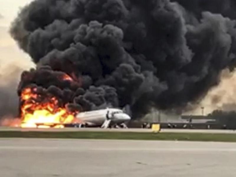 A video still shows a Sukhoi Superjet 100 aircraft on fire after a hard landing Sunday at Moscow's Sheremetyevo airport. At least 41 people on Aeroflot Flight 1492 died. A video still shows a Sukhoi Superjet 100 aircraft on fire after a hard landing Sunday at Moscow's Sheremetyevo airport. At least 41 people on Aeroflot Flight 1492 died.