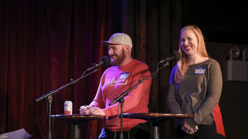 Contestants compete in Ask Me Another's final round at the Bell House in Brooklyn, New York. Contestants compete in Ask Me Another's final round at the Bell House in Brooklyn, New York.