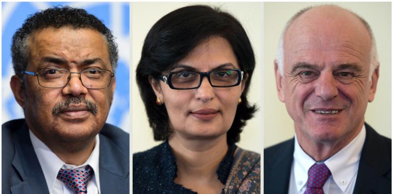 The World Health Organization's finalists for the next director-general (from left): Tedros Adhanom Ghebreyesus, Sania Nishtar and David Nabarro The World Health Organization's finalists for the next director-general (from left): Tedros Adhanom Ghebreyesus, Sania Nishtar and David Nabarro