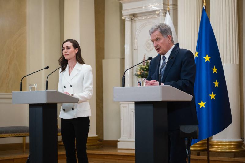 Finland's Prime Minister Sanna Marin, left, and President Sauli Niinisto announced Sunday that Finland will apply for NATO membership. Finland's Prime Minister Sanna Marin, left, and President Sauli Niinisto announced Sunday that Finland will apply for NATO membership.