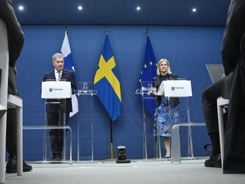 President of Finland Sauli Niinisto, left, and Swedish Prime Minister Magdalena Andersson attend a joint news conference in Stockholm, Tuesday May 17, 2022. President of Finland Sauli Niinisto, left, and Swedish Prime Minister Magdalena Andersson attend a joint news conference in Stockholm, Tuesday May 17, 2022.