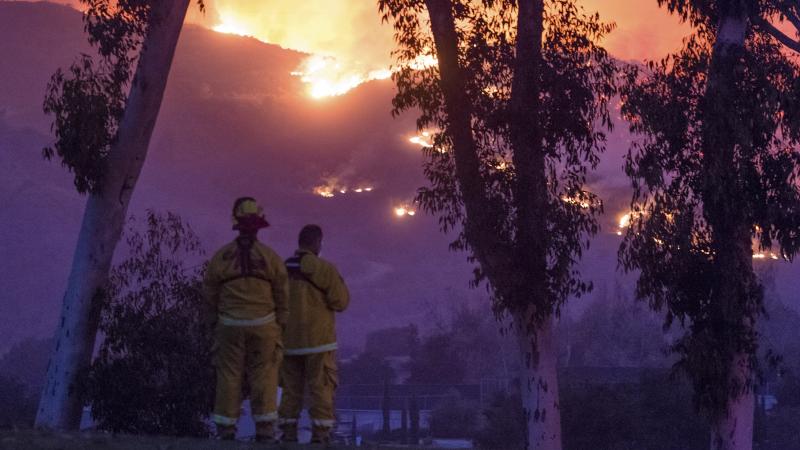 Cal Fire firefighters keep watch on a wildfire blaze burning the mountainside near the Cate School campus in Carpinteria, Calif., on Dec. 10, 2017. Cal Fire firefighters keep watch on a wildfire blaze burning the mountainside near the Cate School campus in Carpinteria, Calif., on Dec. 10, 2017.