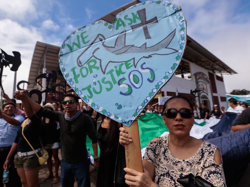 Residents of the Galápagos Islands demonstrate outside the court where the crew of the Chinese-flagged ship had a hearing last week. The Ecuadorean navy earlier this month seized the ship, which had been carrying some 300 tons of fish, including several Residents of the Galápagos Islands demonstrate outside the court where the crew of the Chinese-flagged ship had a hearing last week. The Ecuadorean navy earlier this month seized the ship, which had been carrying some 300 tons of fish, including several