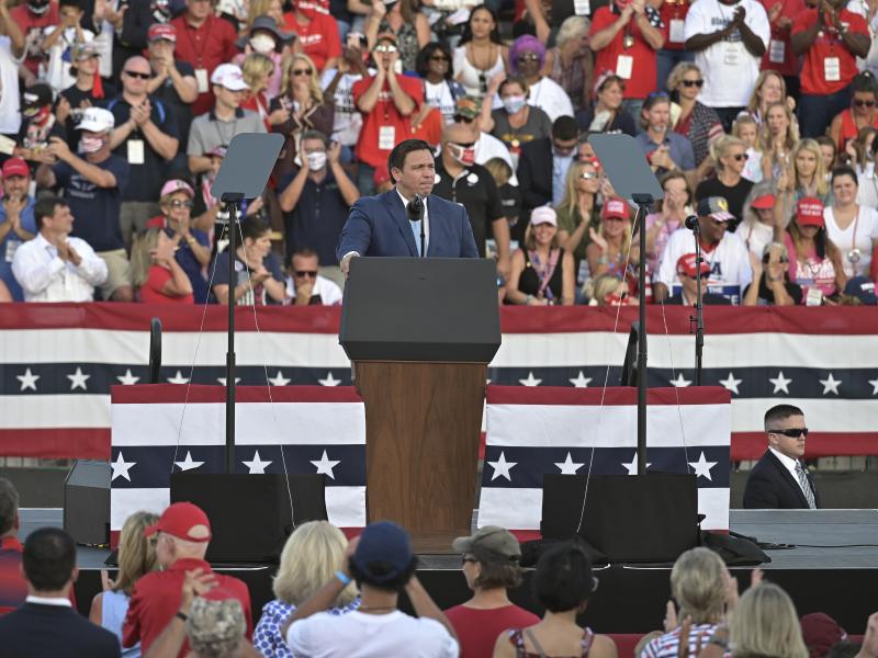 Florida Gov. Ron DeSantis speaks to supporters at a campaign rally for President Donald Trump last month in Jacksonville, Fla. Florida Gov. Ron DeSantis speaks to supporters at a campaign rally for President Donald Trump last month in Jacksonville, Fla.