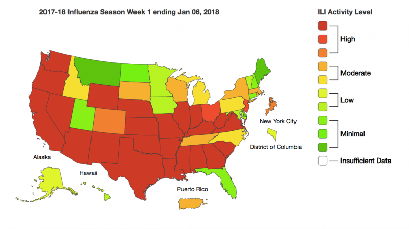 Activity levels are based on the percent of outpatient visits in a state due to influenza-like illness (ILI) and are compared with the average percent of ILI visits that occur during weeks with little or no influenza virus circulation. Activity levels are based on the percent of outpatient visits in a state due to influenza-like illness (ILI) and are compared with the average percent of ILI visits that occur during weeks with little or no influenza virus circulation.