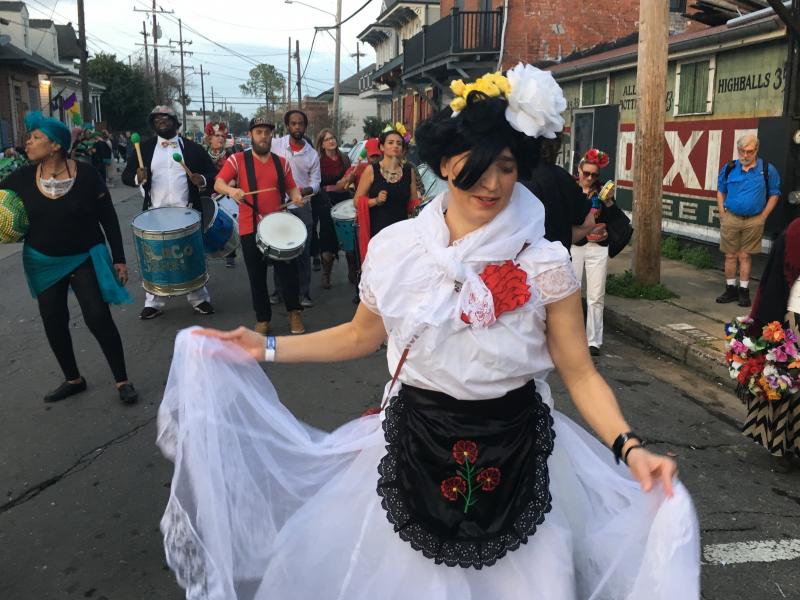 New Orleans resident Annie Gibson parades dressed as Frida Kahlo with Krewe de Mayahuel, a Mardi Gras krewe organized by the Mexican immigrant population in the city. New Orleans resident Annie Gibson parades dressed as Frida Kahlo with Krewe de Mayahuel, a Mardi Gras krewe organized by the Mexican immigrant population in the city.