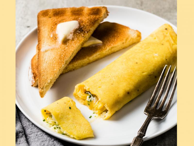 A French omelet, unlike its diner-style counterpart, is rolled, not folded, and include very little filling like vegetables and meats. A French omelet, unlike its diner-style counterpart, is rolled, not folded, and include very little filling like vegetables and meats.