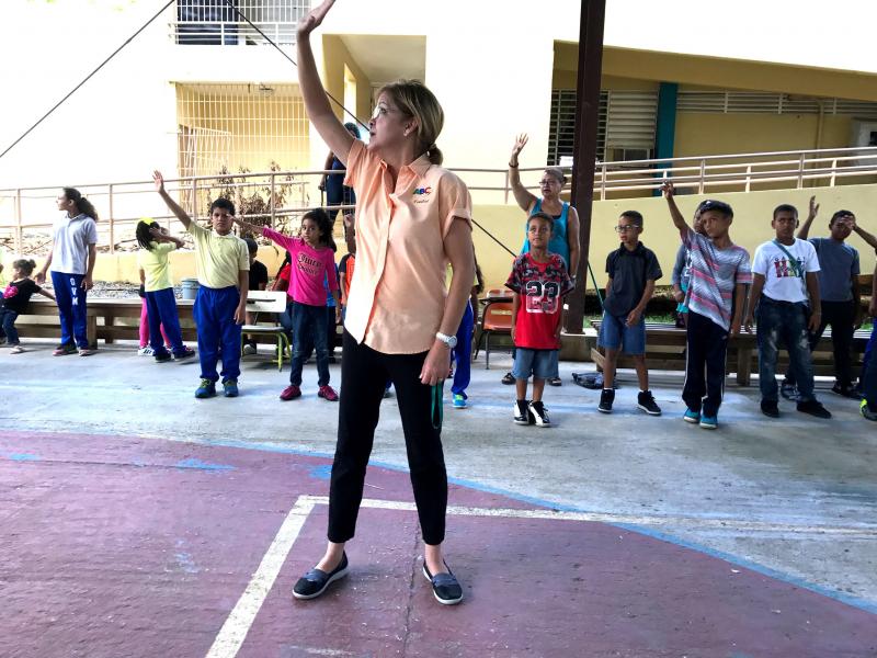 Nora Ortiz Navarro, the social worker at Escuela Gaspar Vilá Mayans, leads students in exercises to help them deal with stress and feel calm. Nora Ortiz Navarro, the social worker at Escuela Gaspar Vilá Mayans, leads students in exercises to help them deal with stress and feel calm.