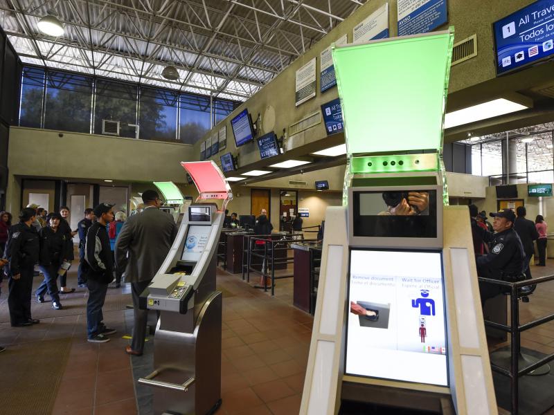 Pedestrians crossing from Mexico into the United States at the Otay Mesa Port of Entry wait to use biometric kiosks in San Diego. A new study says visa overstays exceeded illegal border crossings. Pedestrians crossing from Mexico into the United States at the Otay Mesa Port of Entry wait to use biometric kiosks in San Diego. A new study says visa overstays exceeded illegal border crossings.