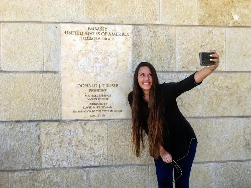 Beckah Shae, a Nashville-based singer-songwriter popular on Christian radio, snapped selfies with the dedication plaque outside the U.S. Embassy to Israel in Jerusalem. Beckah Shae, a Nashville-based singer-songwriter popular on Christian radio, snapped selfies with the dedication plaque outside the U.S. Embassy to Israel in Jerusalem.