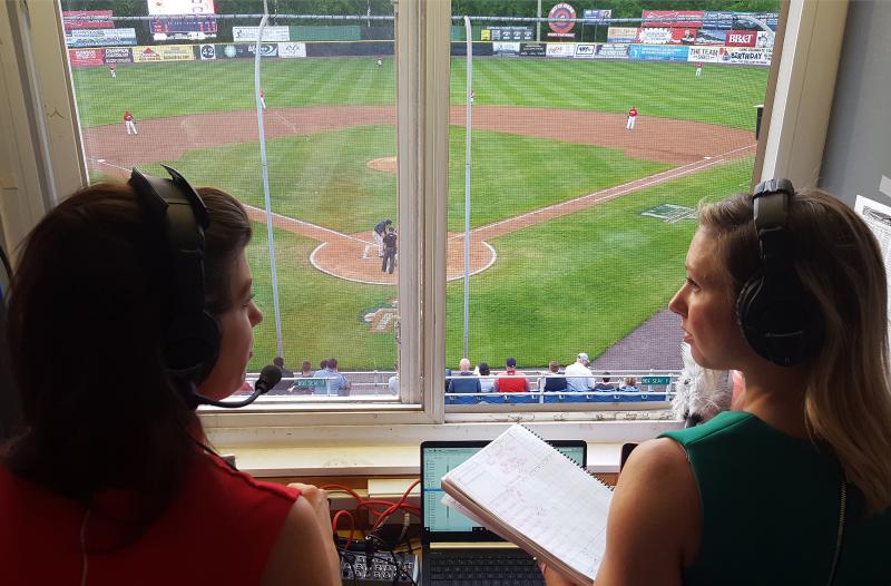 Broadcasters Melanie Newman and Suzie Cool, shown here on April 24, 2019 calling a minor league game. Broadcasters Melanie Newman and Suzie Cool, shown here on April 24, 2019 calling a minor league game.