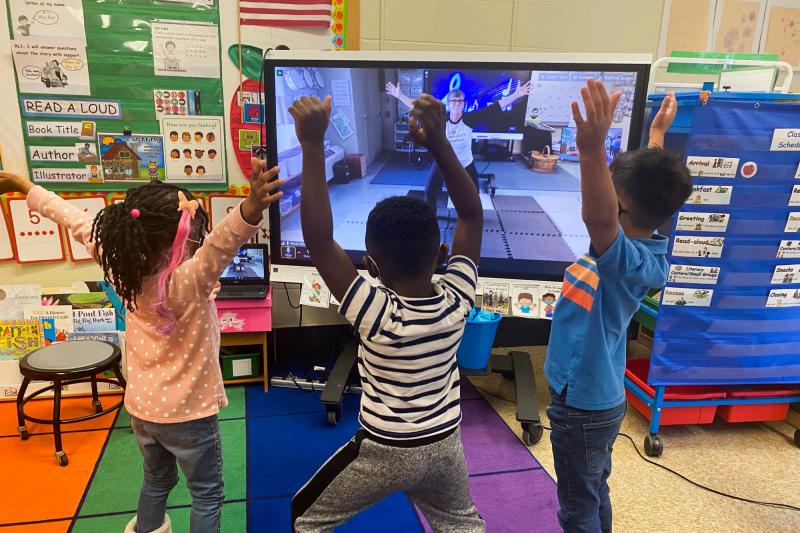 Music therapist Monica Levin teaches via video conference at Frances Fuchs Early Childhood Center in Prince George's County, Maryland. Music therapist Monica Levin teaches via video conference at Frances Fuchs Early Childhood Center in Prince George's County, Maryland.