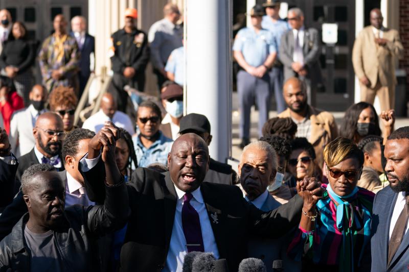 From left to right: Marcus Arbery, father of Ahmaud Arbery; attorney Ben Crump; Rev. Al Sharpton; Wanda Cooper-Jones, mother of Ahmaud Arbery; and attorney Lee Merritt address the media following guilty verdicts for the defendants in the trial of the kill From left to right: Marcus Arbery, father of Ahmaud Arbery; attorney Ben Crump; Rev. Al Sharpton; Wanda Cooper-Jones, mother of Ahmaud Arbery; and attorney Lee Merritt address the media following guilty verdicts for the defendants in the trial of the kill