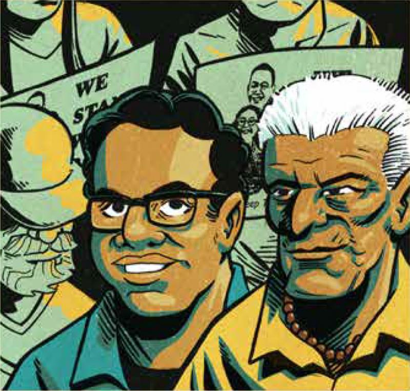 An illustration of Henry Barajas and his great-grandfather, Ramon Jaurigue, in the graphic novel La Voz De M.A.Y.O.: Tata Rambo. An illustration of Henry Barajas and his great-grandfather, Ramon Jaurigue, in the graphic novel La Voz De M.A.Y.O.: Tata Rambo.